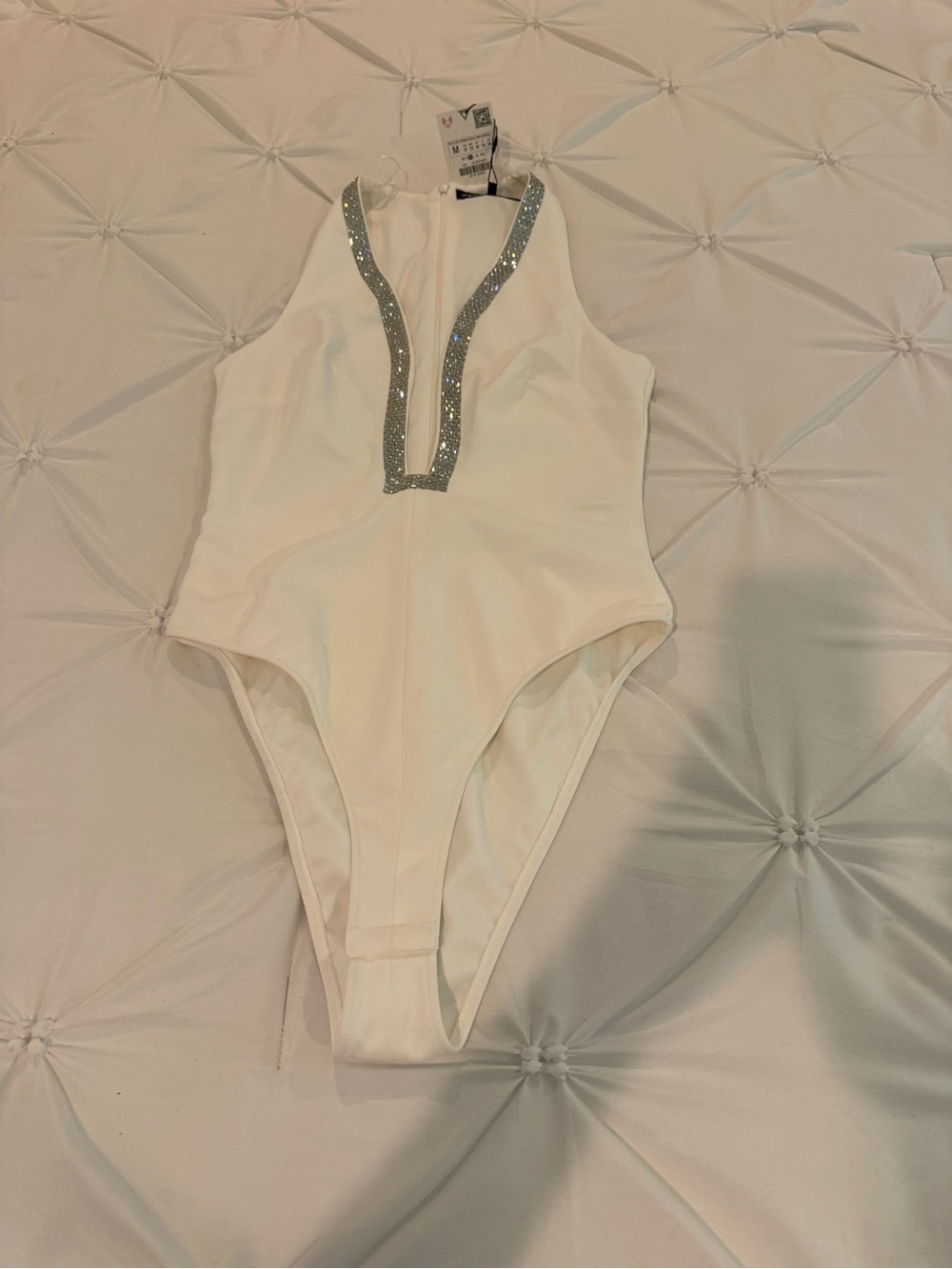 Zara White Rhinestone Embellished Bodysuit NWT Size M - Picture 8 of 10